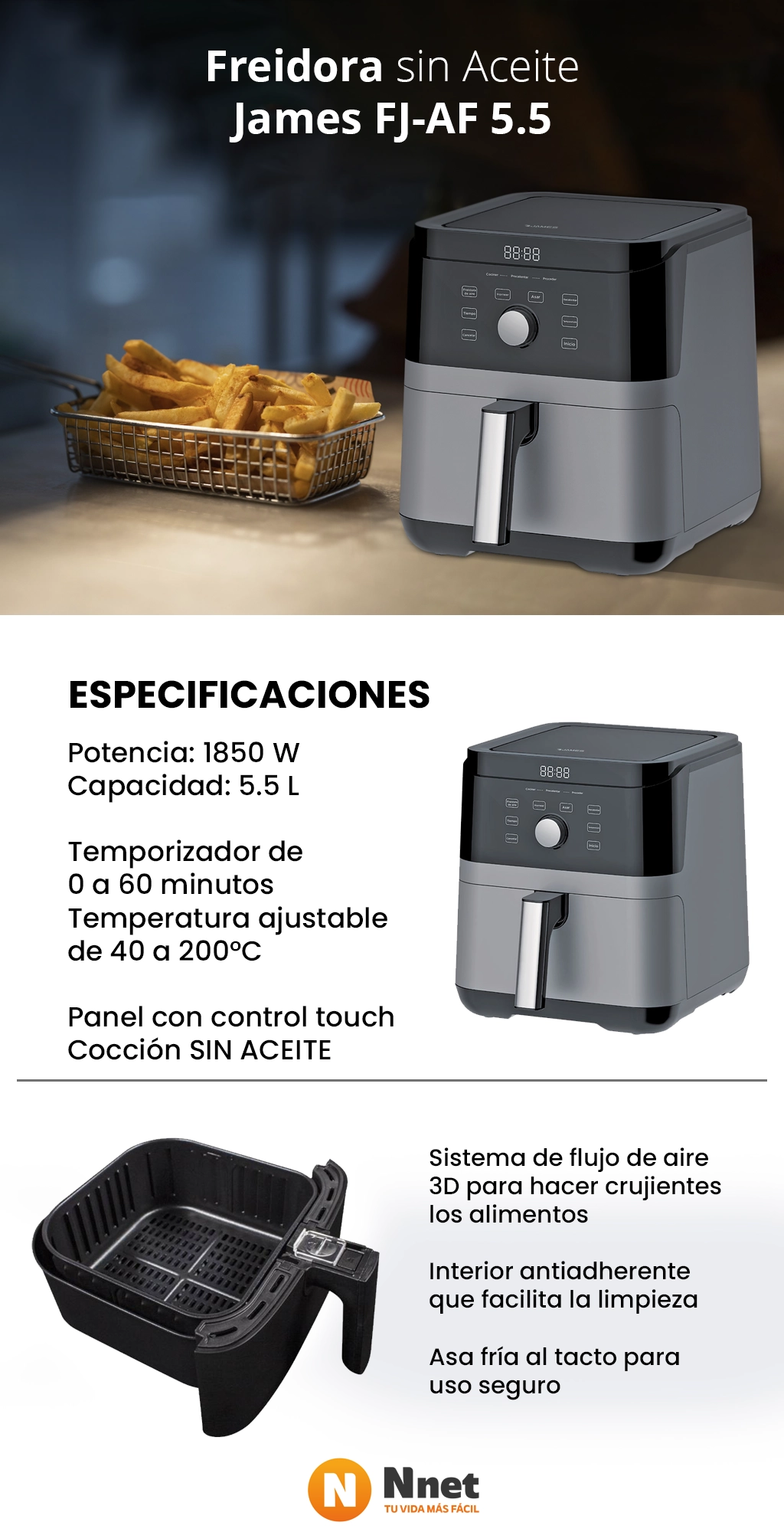 Freidora Sin Aceite James FJ-AF5.5 1850w 5.5 Litros Nnet