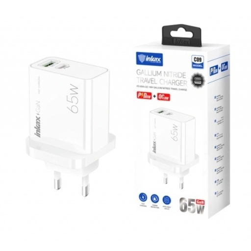 Cargador Inkax USB-A+C GaN 65W blanco NNET