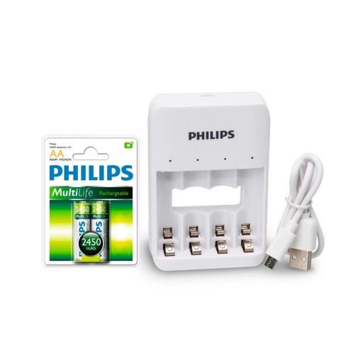 Cargador de Pilas USB Philips AAA y AA + Pilas Philips AA 2450mAh